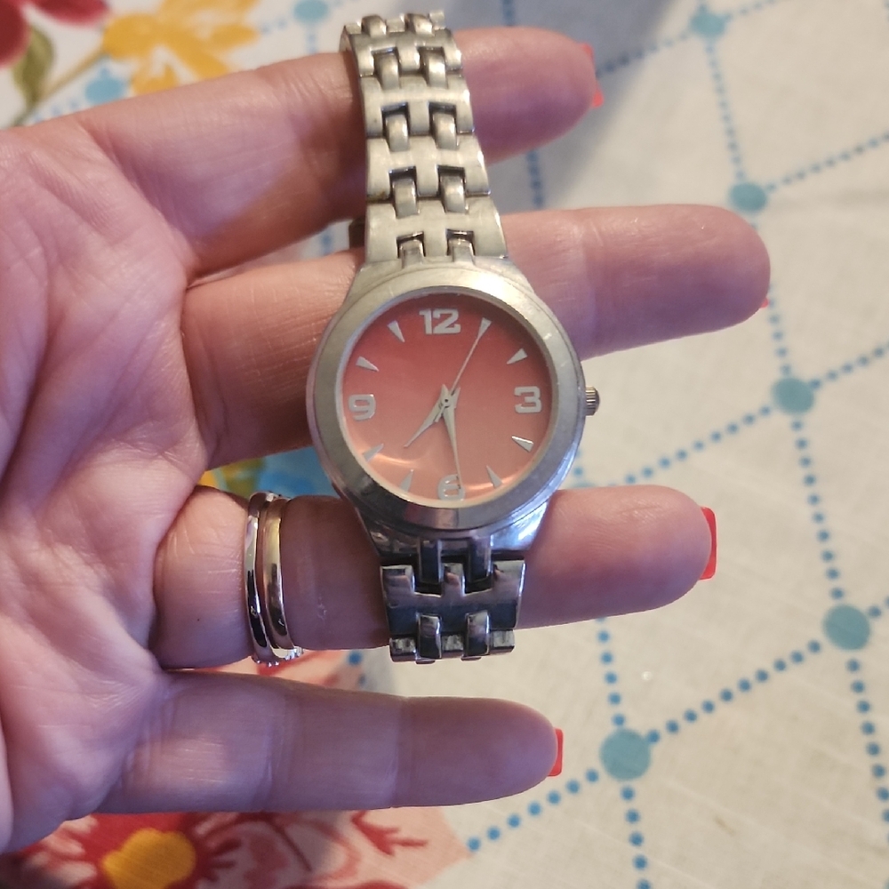 Silver Link Watch with Coral Dial